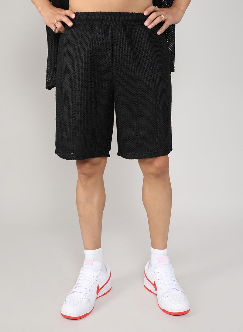 Campus Sutra Men's Onyx Black Crochet Co-Ord Set For Casual Wear | Spread Collar | Short Sleeve | Button Closure | Co-Ords Crafted With Comfort Fit For Everyday Wear - Image 5